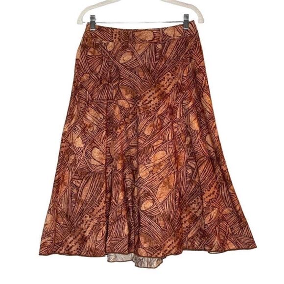 Peruvian Connection Brown Earthy Leaf Print A Line  Midi Skirt | Size 6 - Picture 1 of 7